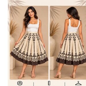 Work to Weekend Cotton Midi Skirt Size 14 Brown Cream Sequin Damask Flared Boho
